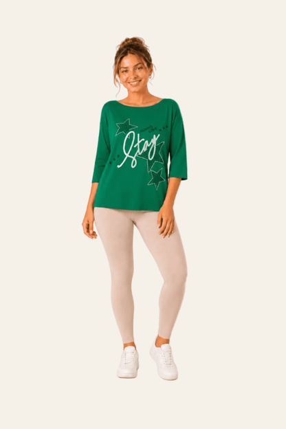 T-shirt femme avec manches 3/4, encolure ronde avec texte et strass