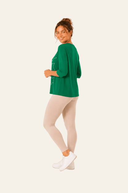 T-shirt femme avec manches 3/4, encolure ronde avec texte et strass