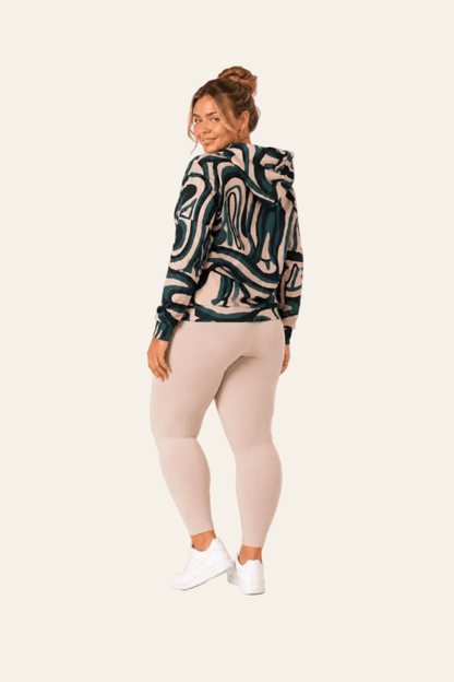 Achteraanzicht van dames sweatshirt met capuchon en golvenpatroon.