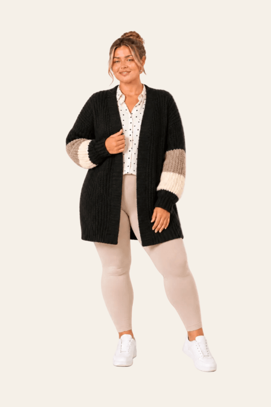 Women's cardigan with contrasting stripes on the sleeves
