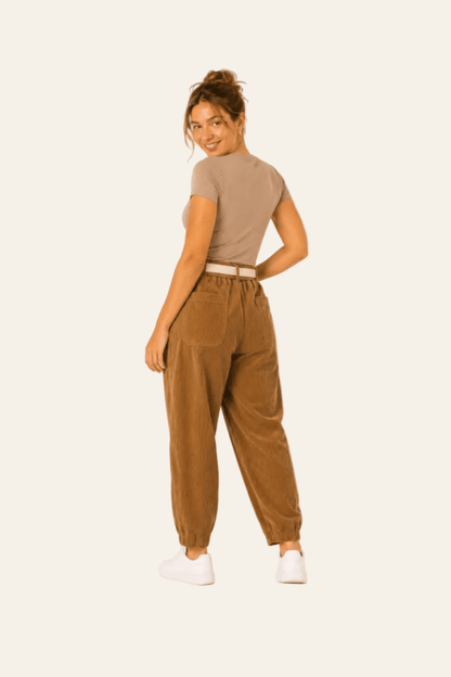 Women's corduroy trousers with decorative buckle