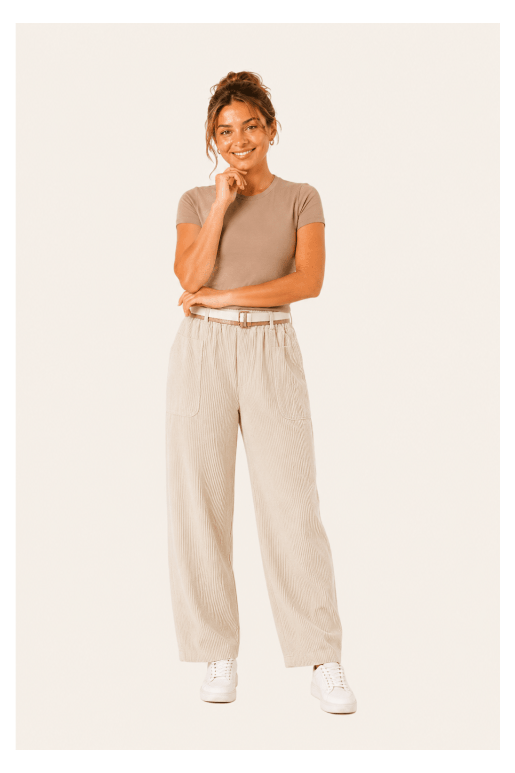 Women's corduroy trousers with decorative buckle