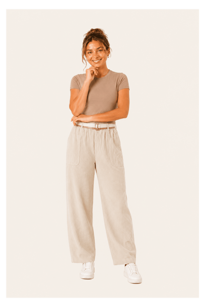 Women's corduroy trousers with decorative buckle