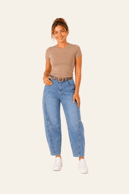 Damesjeans in ballonmodel met hoge taille en riem