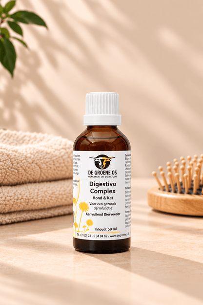 De Groene Os Digestivo Complex in bruin flesje van 50 ml op lichte beige ondergrond met zachte handdoek en houten borstel.