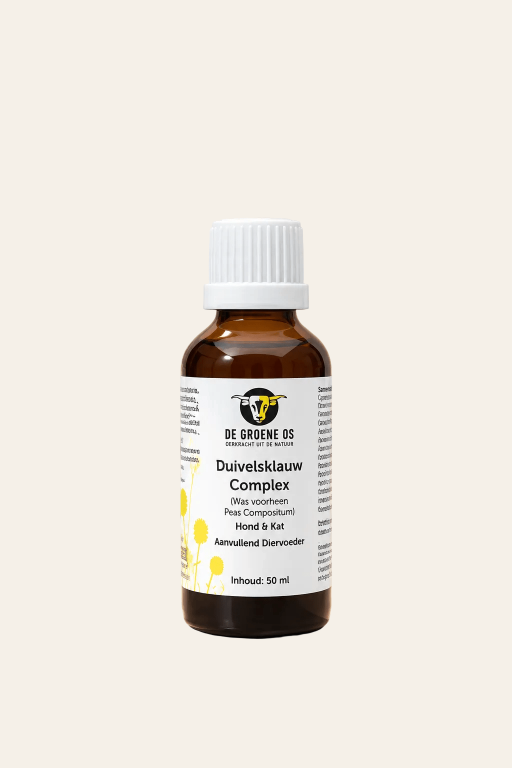 De Groene Os Duivelsklauw Complex 50 ml voor honden en katten in donkerbruin flesje met witte schroefdop en wit etiket.