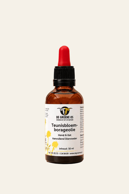 De Groene Os teunisbloem-borageolie 50 ml in bruin glazen flesje met zwarte schroefdop, rode pipet en wit etiket.