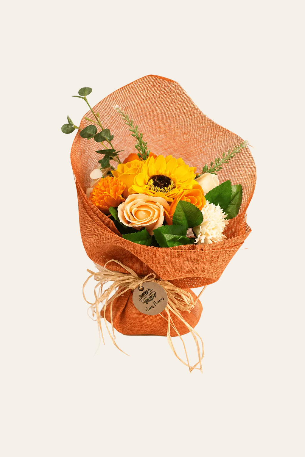 LMW Wellness-Care Decoratief staand boeket van oranje zeepbloemen, productpresentatie