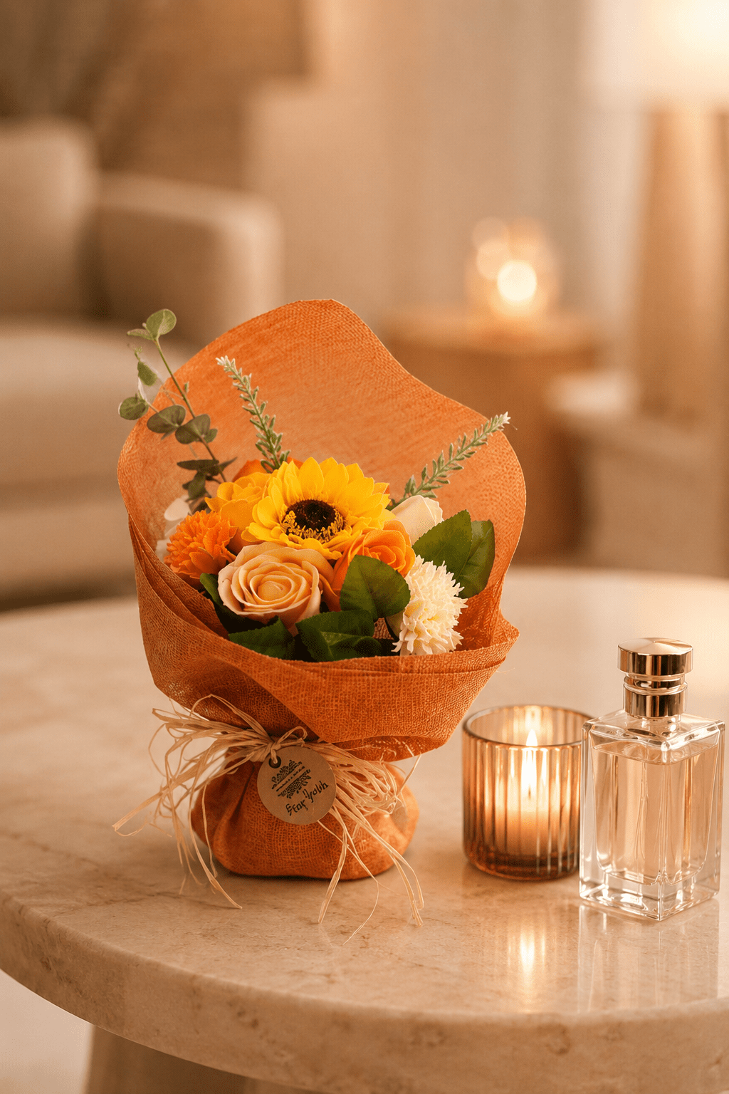 LMW Wellness-Care Decoratief staand boeket van oranje zeepbloemen, productaanzicht