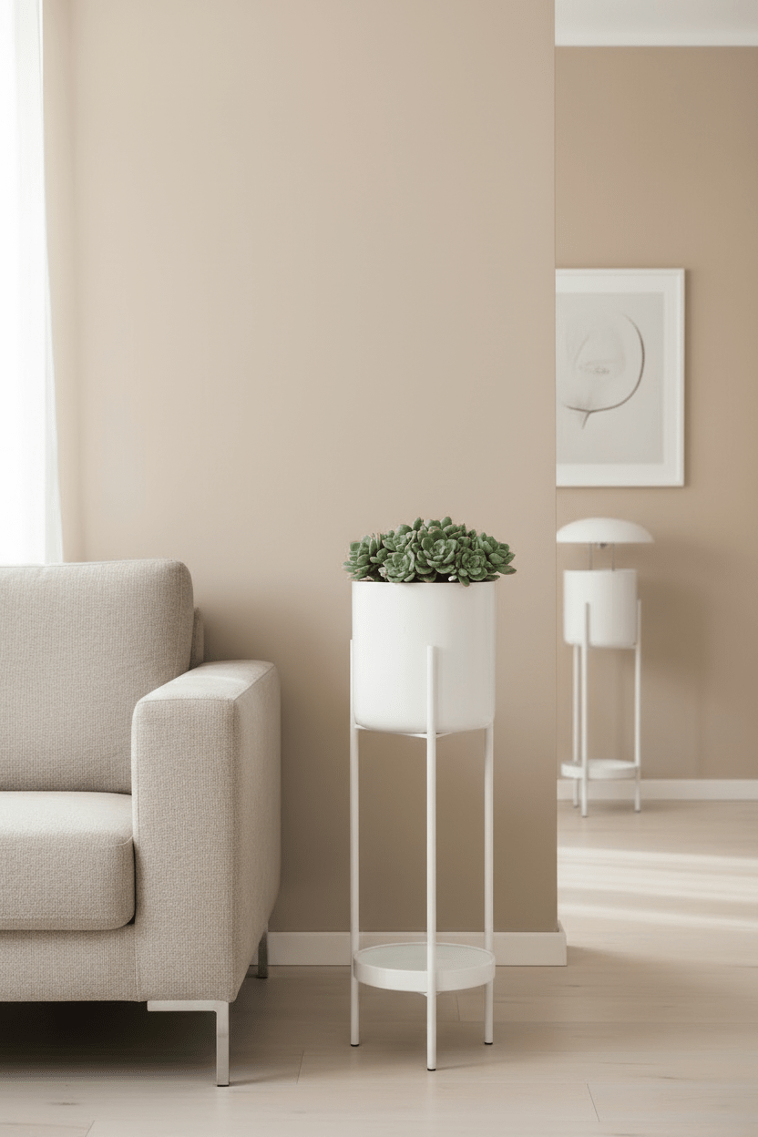Decoratieve bloempot op standaard met kleine bloem in beige thema naast de sofa
