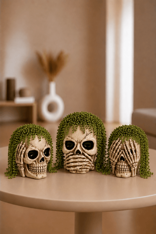 Decoratieve horen, zien en zwijgen bloempotten in set van 3 op de woonkamer tafel in beige thema