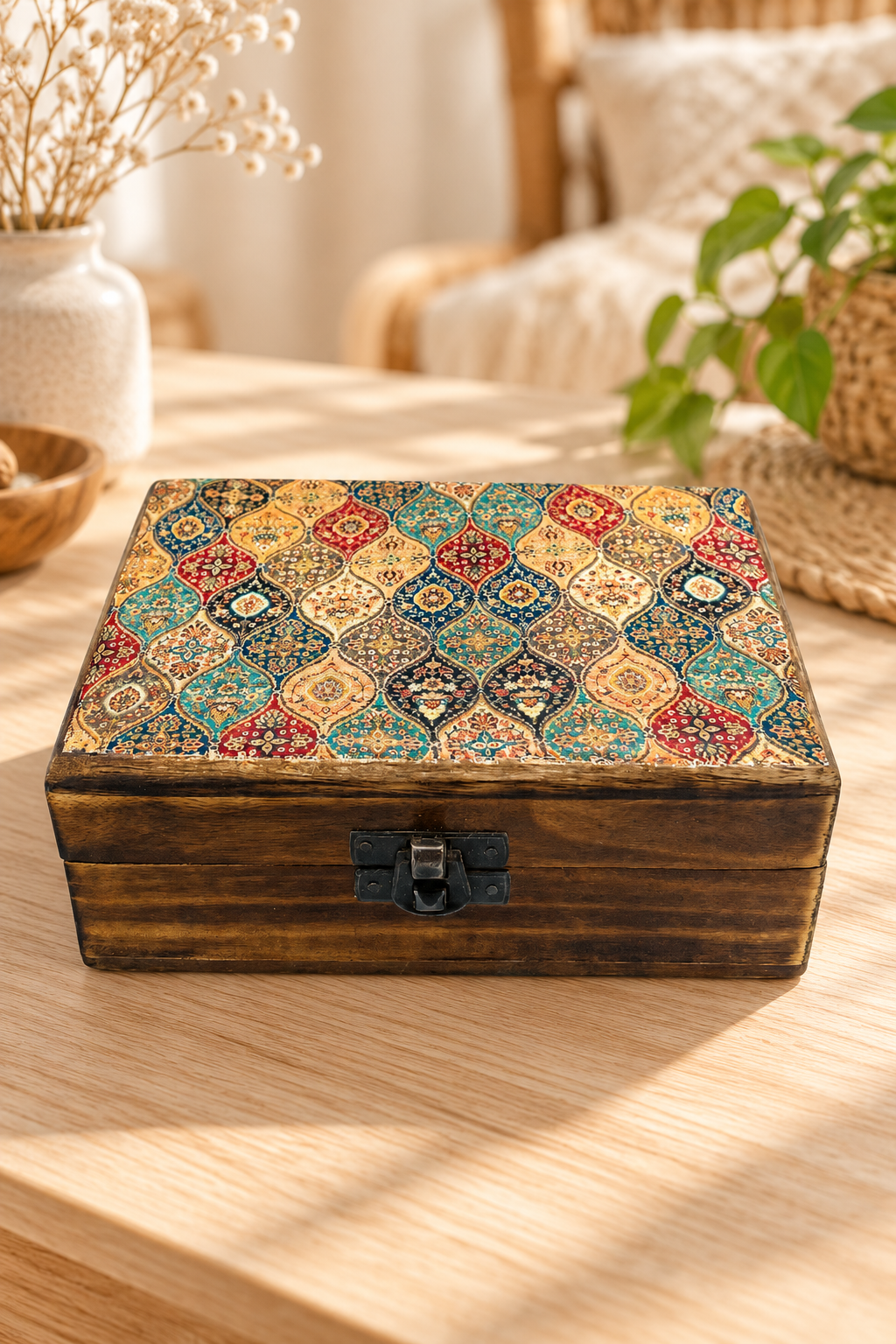 Decoratieve houten opbergdoos Trad Pattern met kleurrijk deksel op een houten tafel in een lichtbeige bohemian interieur met geblurde achtergrond.