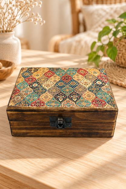 Decoratieve houten opbergdoos Trad Pattern met kleurrijk deksel op een houten tafel in een lichtbeige bohemian interieur met geblurde achtergrond.