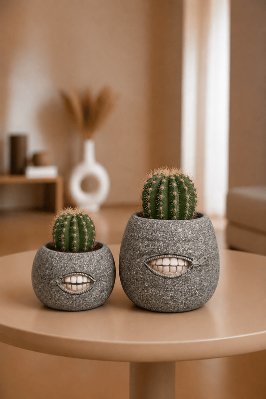 Decoratieve lachend in tandvorm bloempotten in set van 2 in beige thema naast elkaar op de tafel