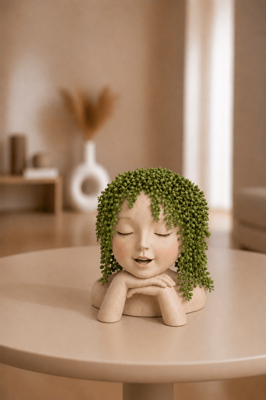 Decoratieve plantengezicht bloempot van mediterende vrouw op een tafel in de woonkamer