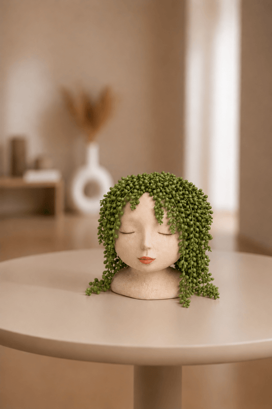 Decoratieve plantengezicht bloempot van vrouw met gesloten ogen op een bijzettafeltje