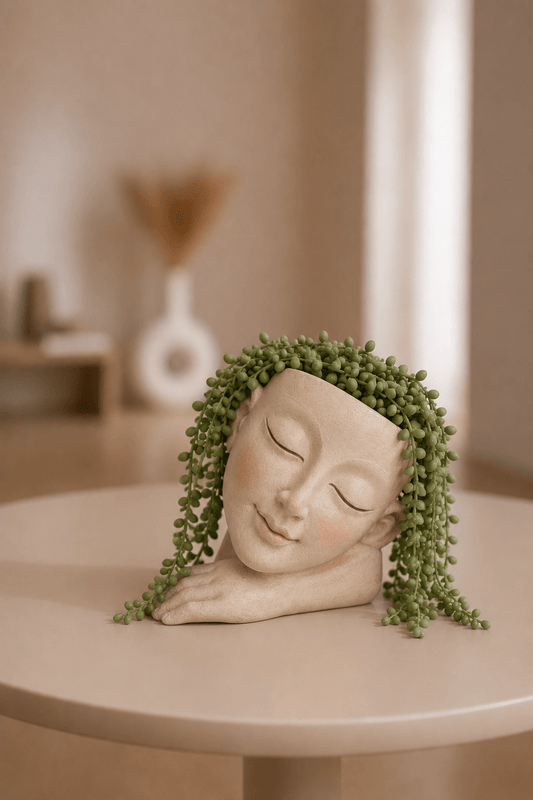 Decoratieve plantengezicht bloempot van wegdromende vrouw op een tafel in de woonkamer
