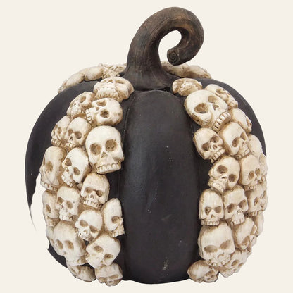 Decoratieve pompoen in zwart kunststof groot formaat met doodskoppen als productfoto