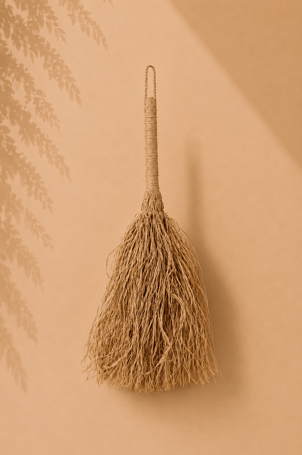 Decoratieve raffia wandbezem naturel op beige gebladerde achtergrond