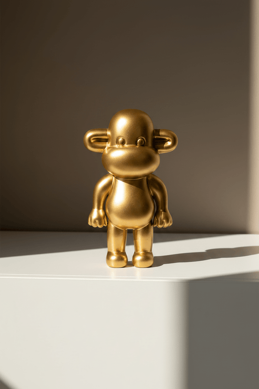 Design beeldje van gouden aap op een witte kast met beige muur