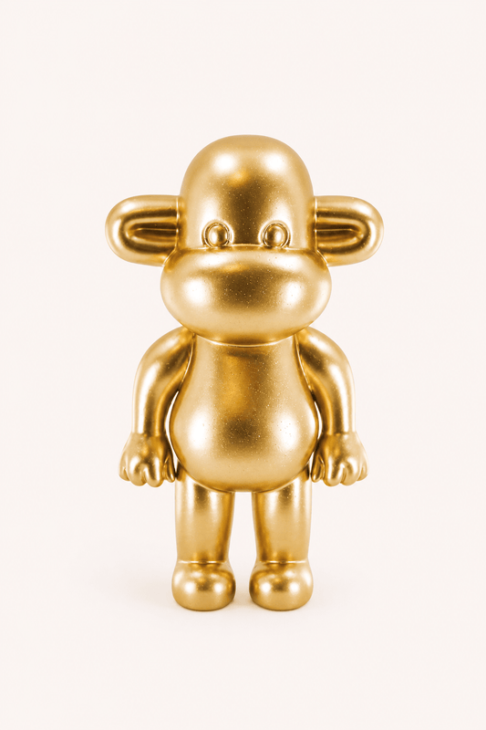 Design beeldje van gouden aap in lichtbeige achtergrond