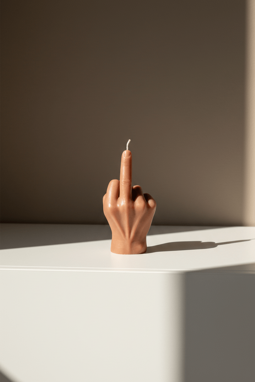 Designkaars in taupekleur met middelvinger op een kast