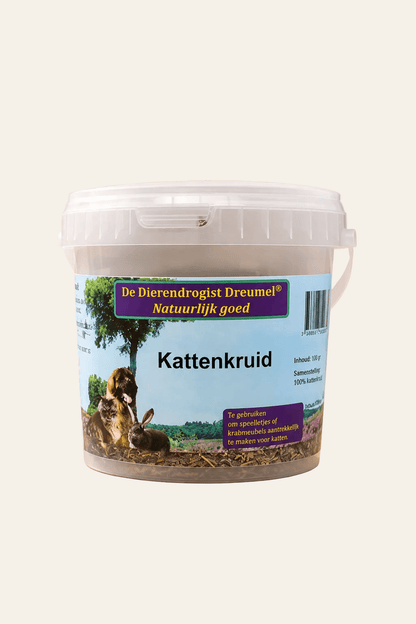 Dierendrogist kattenkruid 100 gram in transparant kunststof emmertje met draagbeugel, deksel en lichtblauw natuuretiket.