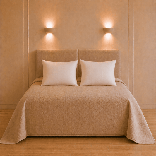 Opgemaakt bed met twee witte verstelbare Discovery+ hoofdkussens van 60 × 70 cm in een warme slaapkamer