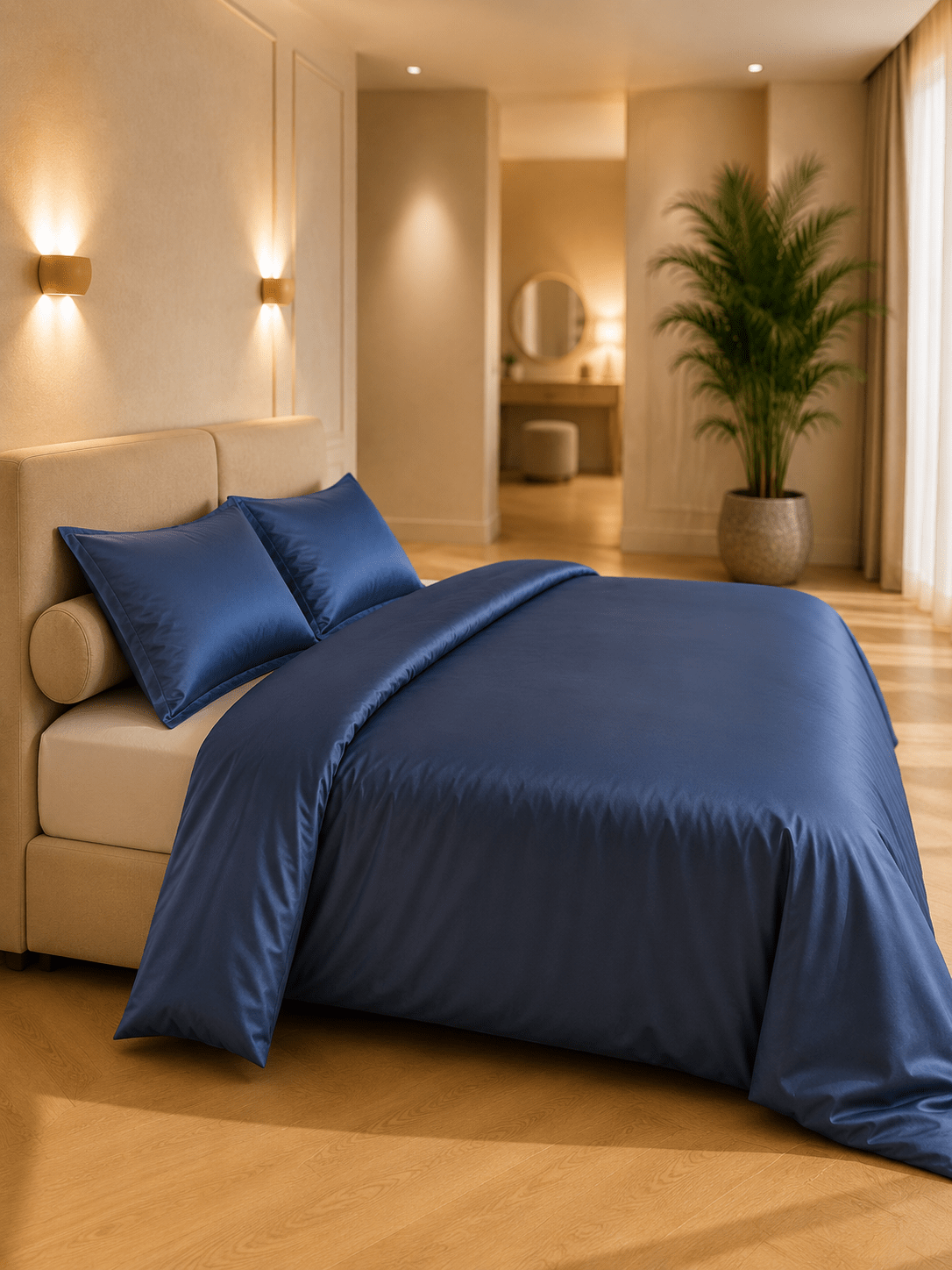 Donkerblauw dekbedovertrek van TENCEL Lyocell in twillweving op een bed in een warme, minimalistische slaapkamer