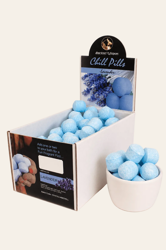 Doos met mini badbruisballen met lavendelgeur