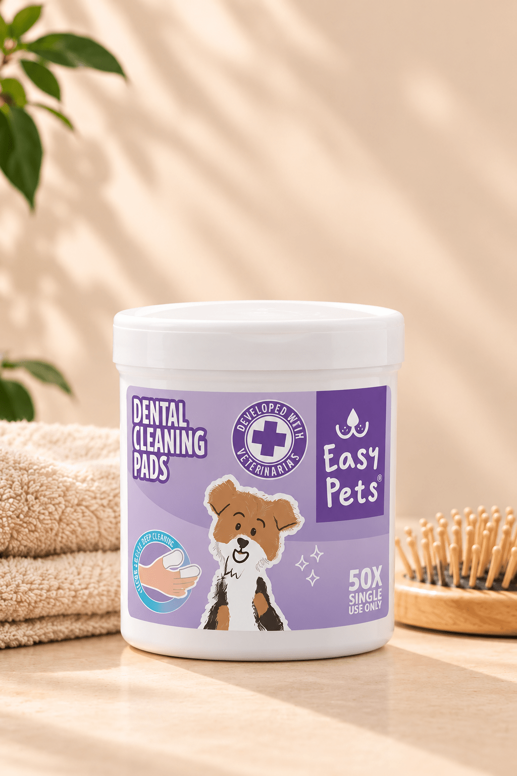 Wit EasyPets potje met 50 gebitsreinigingspads voor honden op lichtbeige ondergrond naast zachte handdoek en houten borstel.