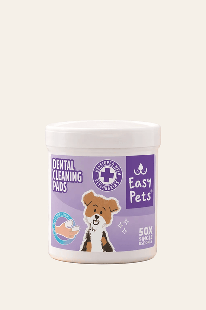 EasyPets gebitsreinigingspads voor honden in wit potje met paars etiket, hondenillustratie en 50 vingerpads voor eenmalig gebruik.