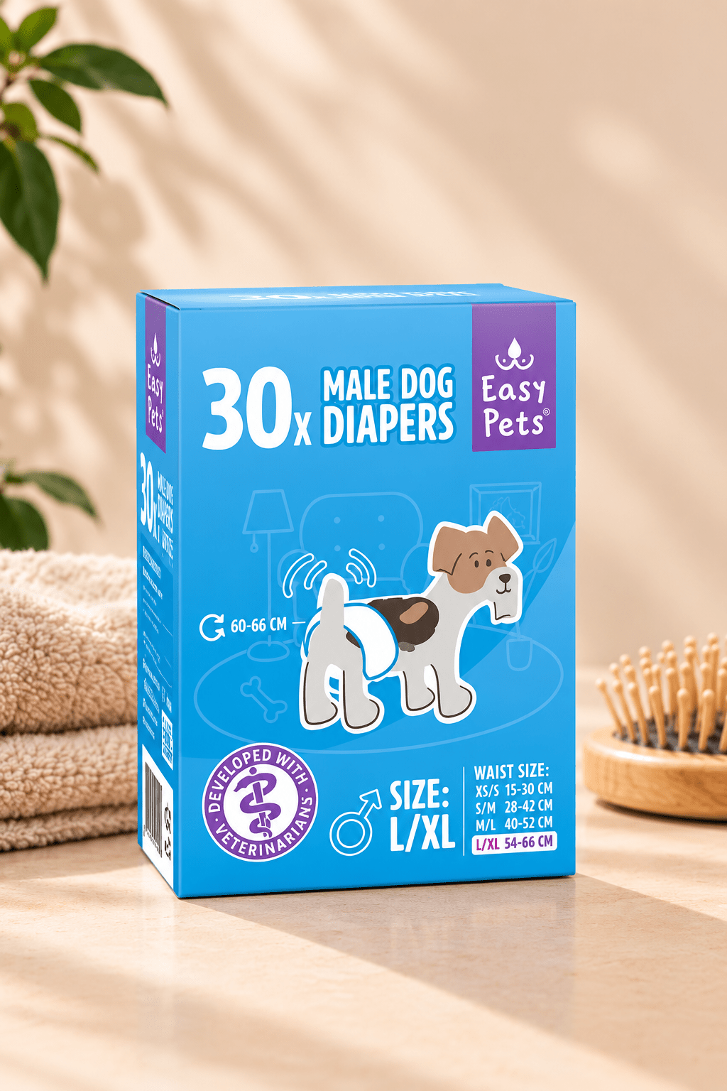 EasyPets hondenluiers voor reuen L/XL in blauwe doos op een lichtbeige ondergrond, met zachte handdoek en houten hondenborstel.