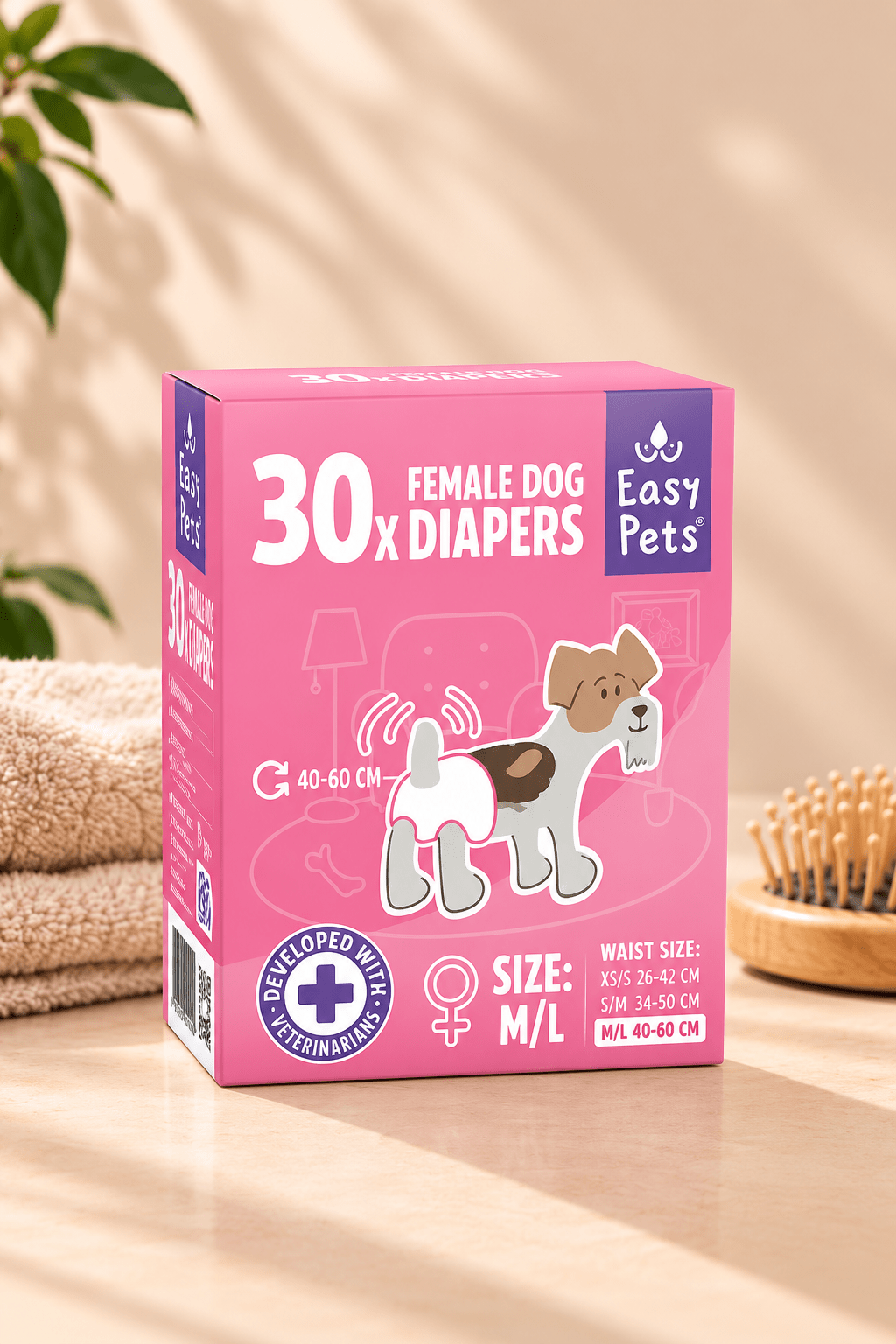 EasyPets hondenluiers voor teven M/L in roze doos op lichtbeige ondergrond, naast zachte handdoeken en houten hondenborstel.