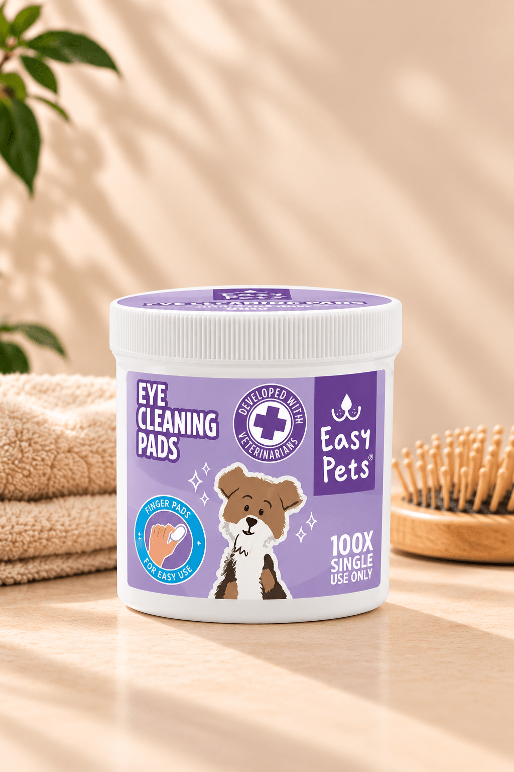 Wit EasyPets potje met 100 oogreinigingspads voor honden op lichtbeige achtergrond naast zachte handdoek en houten borstel.