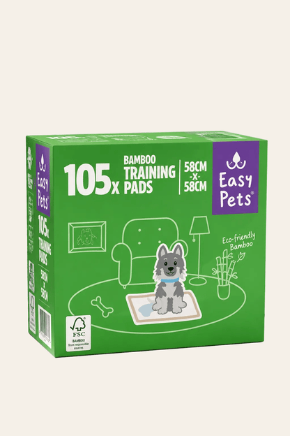 EasyPets puppy trainingsmatten met bamboepulp in groene doos met afbeelding van een puppy, 105 stuks van 58 × 58 cm.