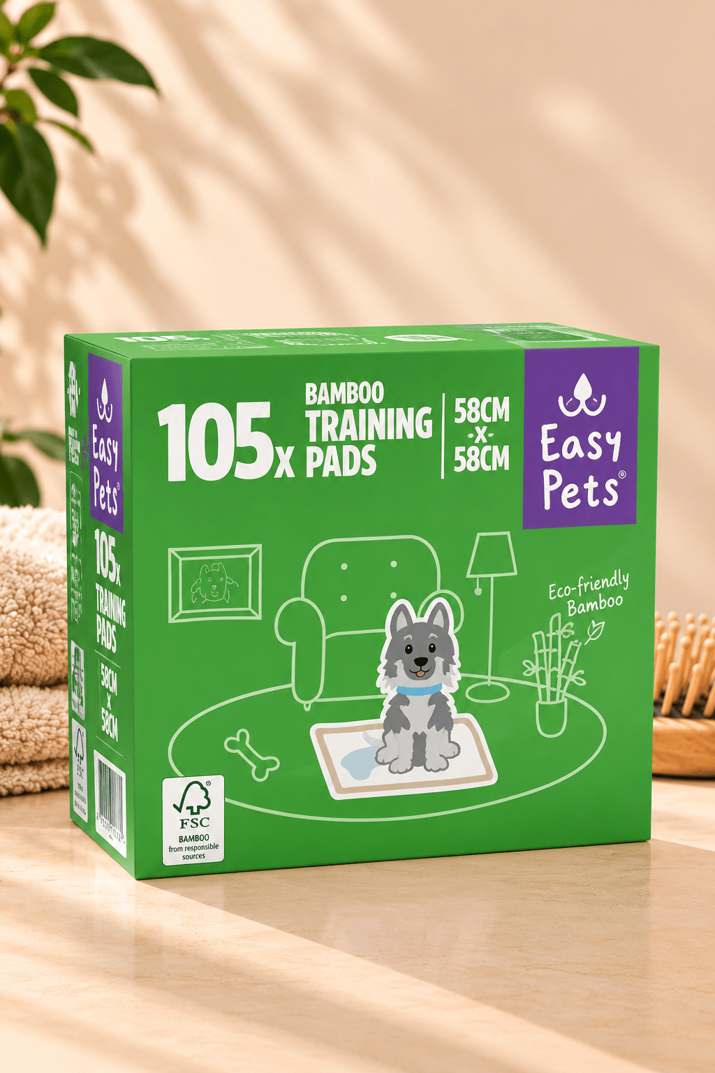 Groene EasyPets verpakking met 105 bamboe trainingsmatten voor puppy's op lichtbeige achtergrond met handdoek en houten borstel.
