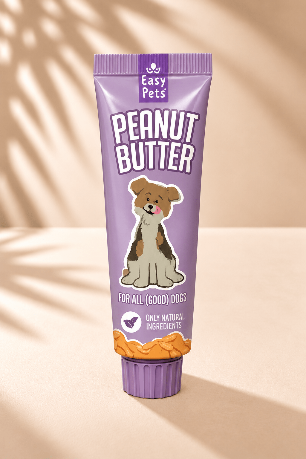 Easypets smeerbare pindakaas voor honden in paarse tube met hondenillustratie, natuurlijke hondensnack van 90 gram.