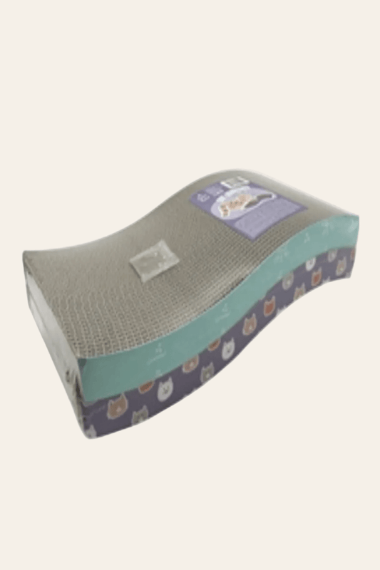 Easypets Wave krabkarton voor katten met golvende kartonnen krabvlakken en blauwgroene zijkanten, set van twee met kattenkruid.