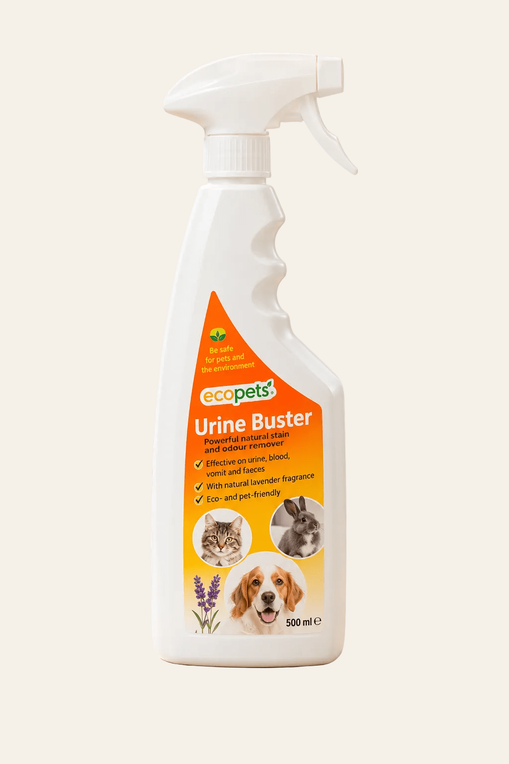 Ecopets Urinebuster Lavendel 500 ml in witte sproeiflacon met oranje etiket en afbeeldingen van huisdieren.