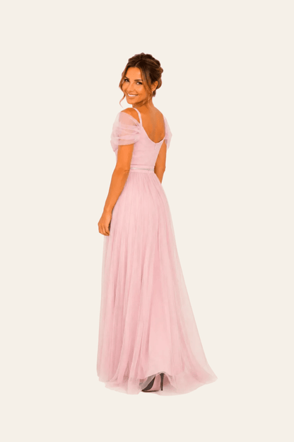 Elegante maxi-jurk met tule en glanzende tailleband