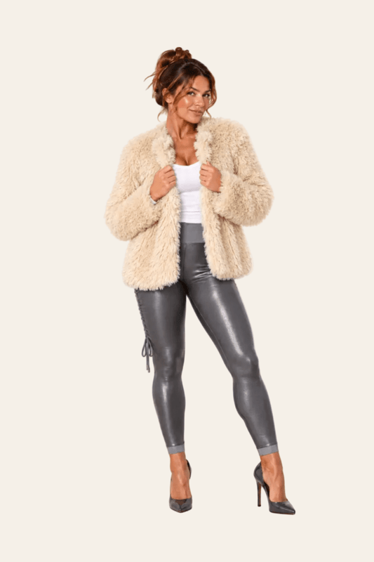 Vooraanzicht van kort LMB Boutique damesjasje van geweven polyester in effen kleur.