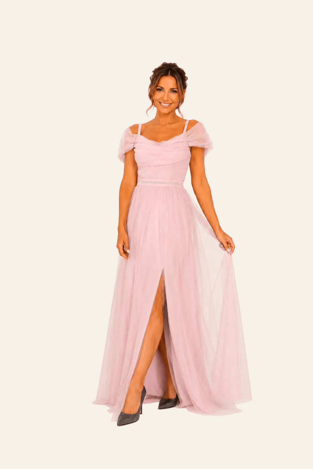 Elegante maxi-jurk met tule en glanzende tailleband