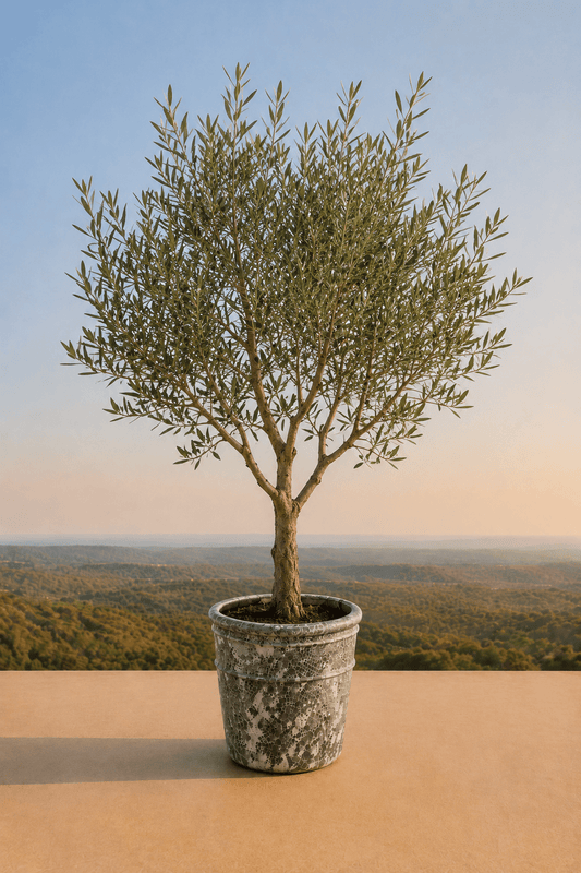 Handgemaakte keramische Enarete plantenpot in Oceanic Coral met olijfboom op een terras en dieptezicht op een heuvelachtig veld
