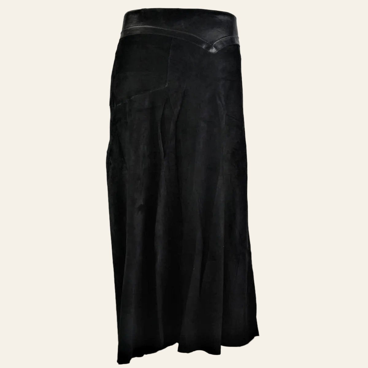 Enkellange overslagrok van suede met leren tailleband
