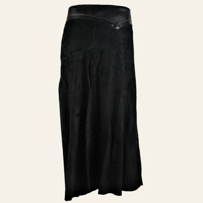 Enkellange overslagrok van suede met leren tailleband
