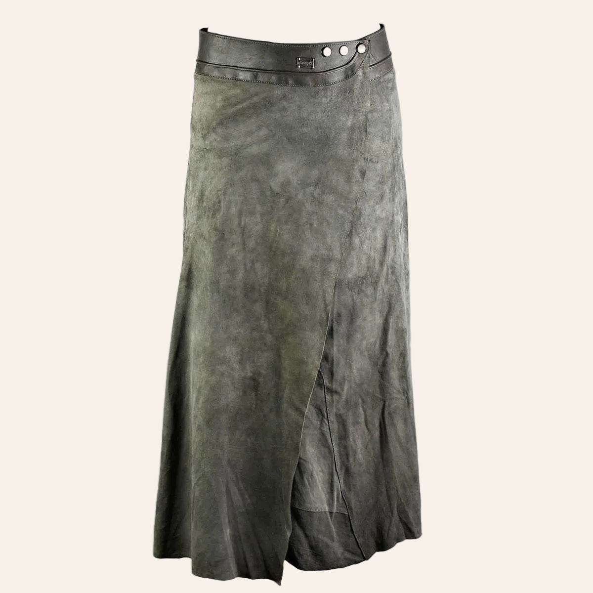 Enkellange overslagrok van suede met leren tailleband