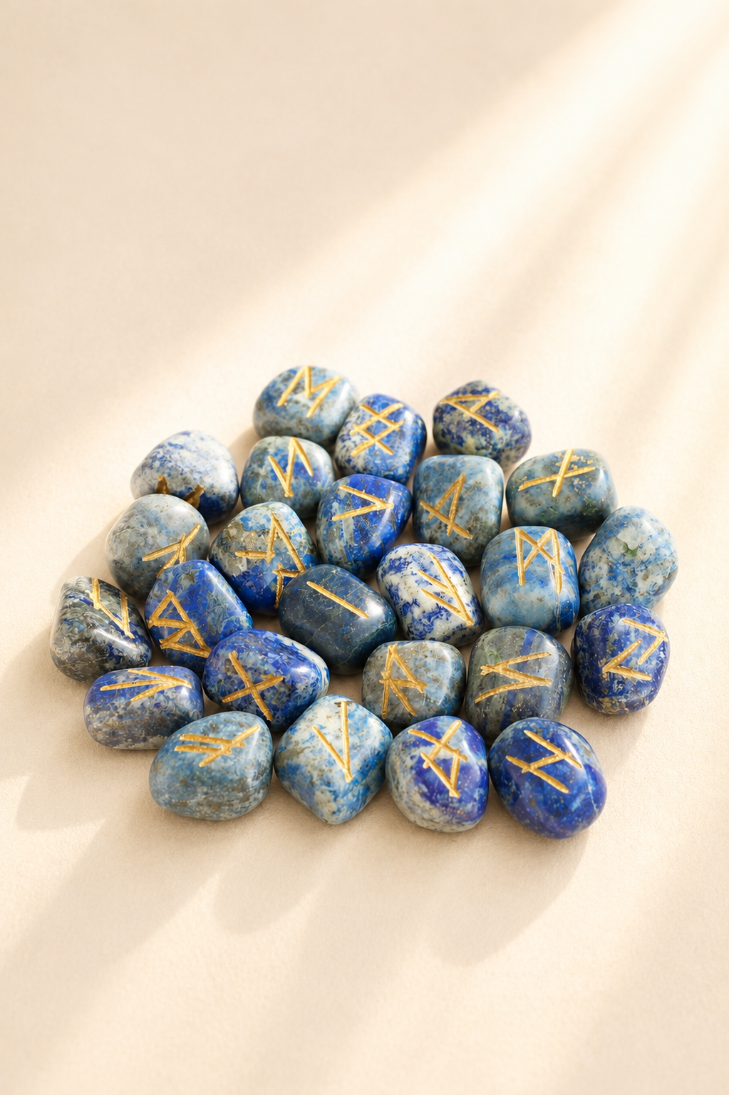 Exclusieve lapis lazuli runenstenenset met gouden inscripties