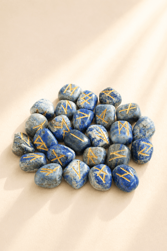 Exclusieve lapis lazuli runenstenenset met gouden inscripties