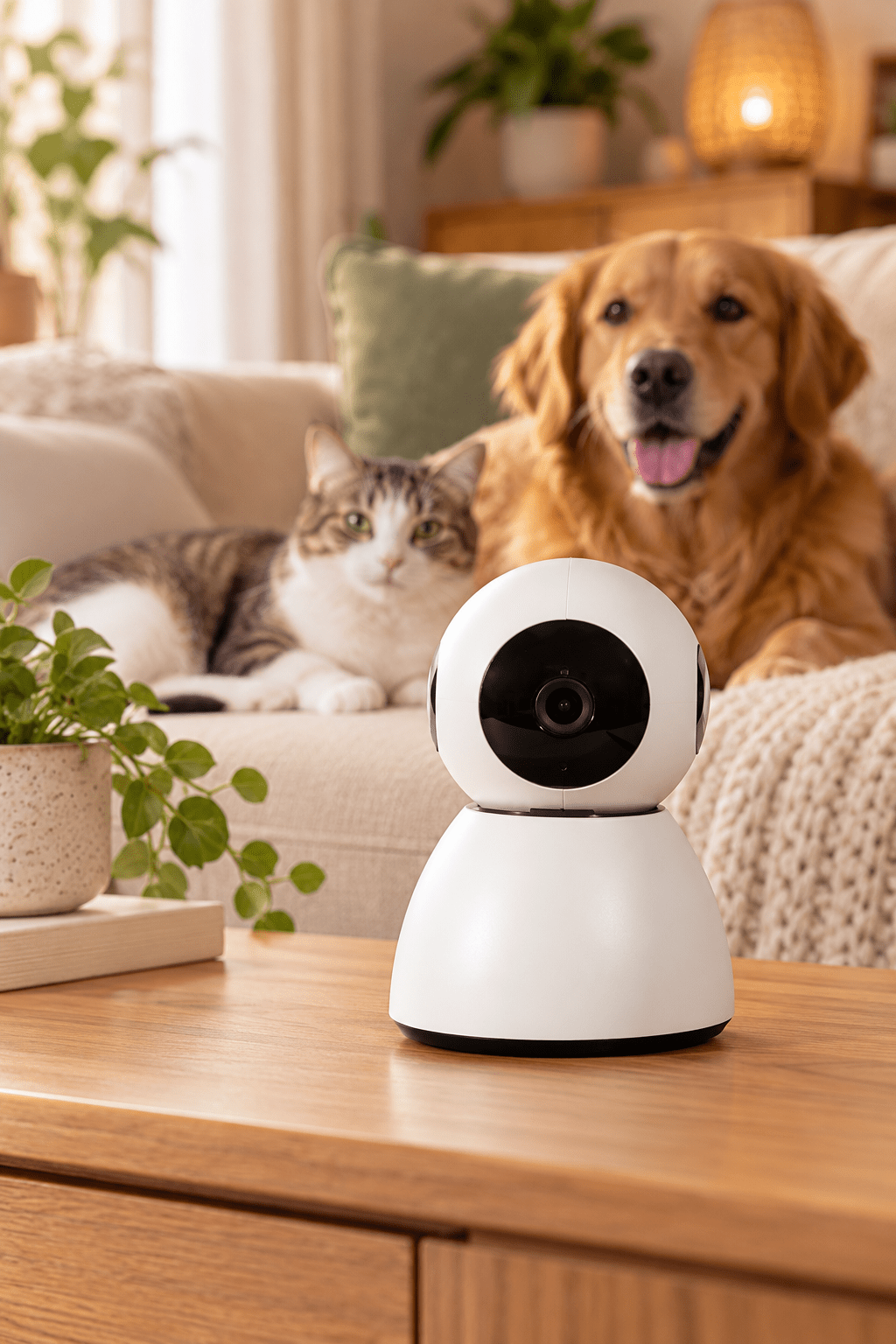Eyenimal Pet Vision Live HD huisdiercamera met geluiddetectie op houten tafel met golden retriever en kat in beige woonkamer.